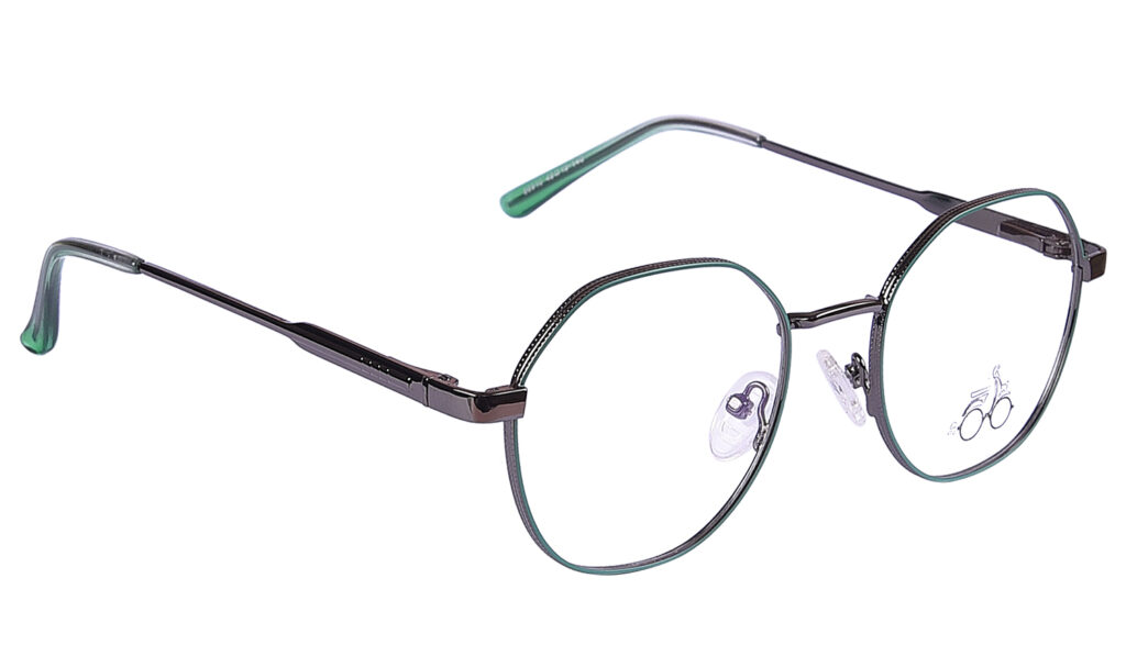 Green Silver Steel Full Rim Hexagonal Eyeglasses